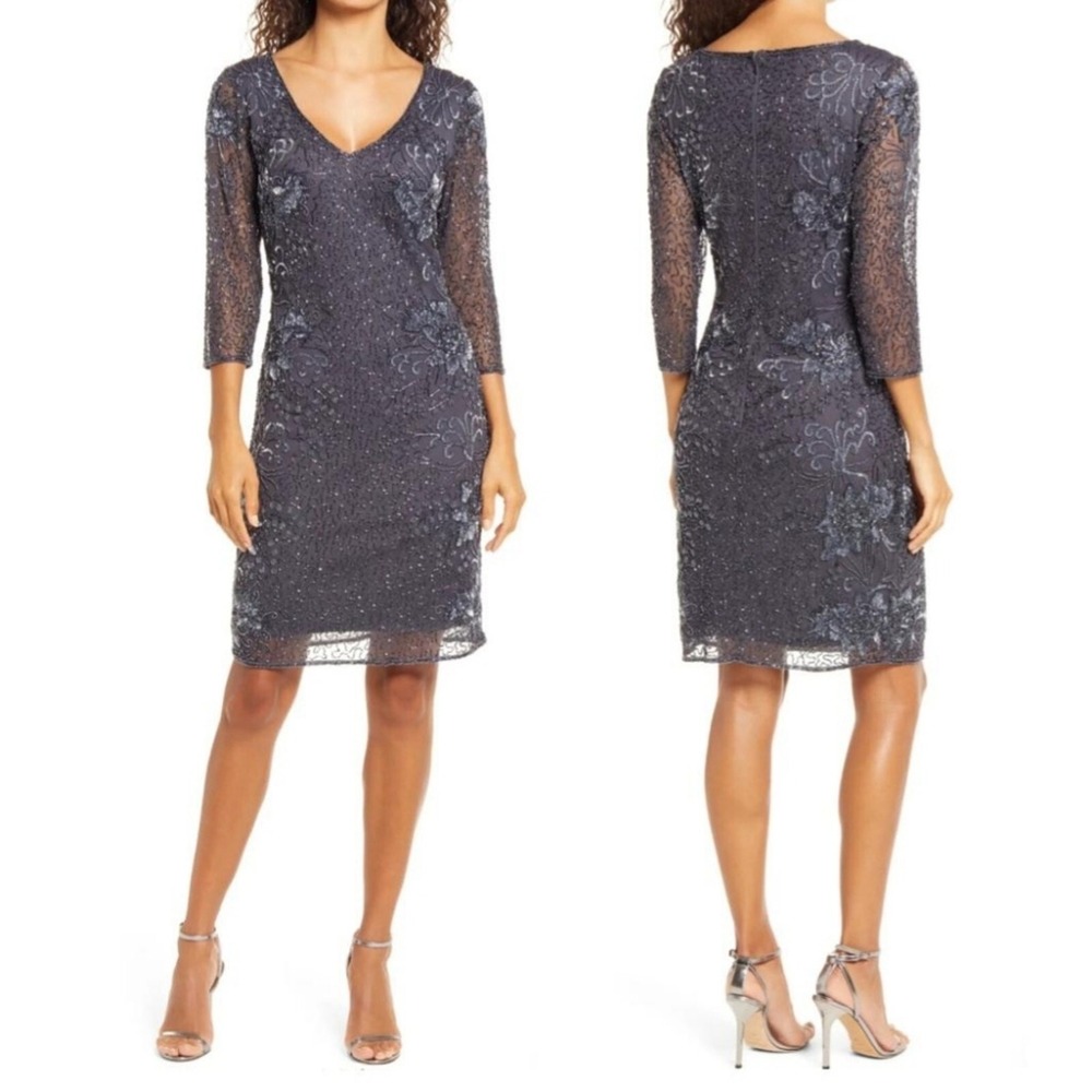 NWT $248 Pisarro Nights [‎ 10 ] Beaded V-neck Cocktail Dress in Slate #J1788